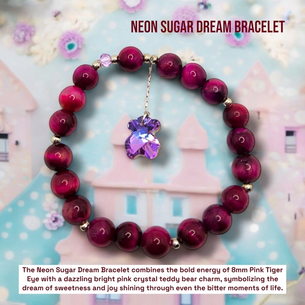 8 mm Pink Tiger Eye bracelet with Crystal Teddy bear charm
